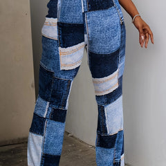  Denim Print High Waist Flared Leg Stretch Trousers