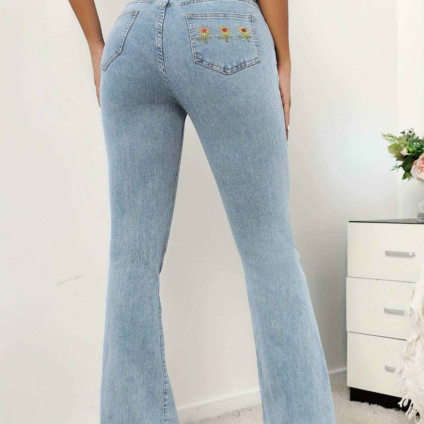 Sunflower Embroidery Flared Jeans Bell Bottom Wide Legs