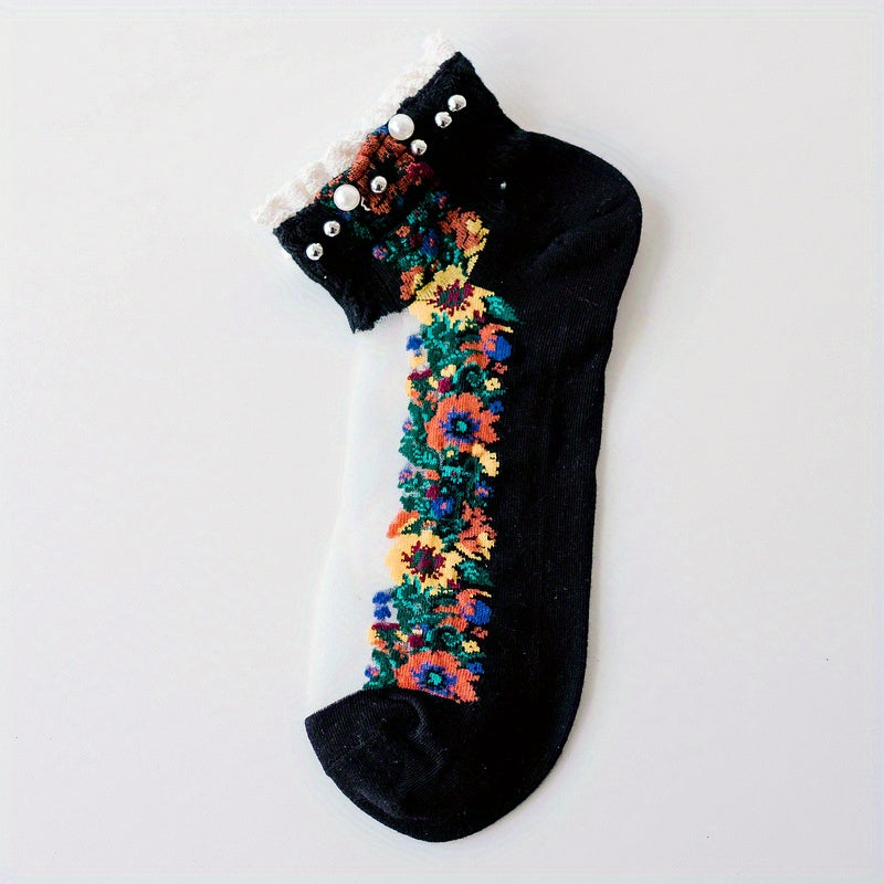Faux Pearl Lace Trim Ankle Socks Soft Women's Stockings