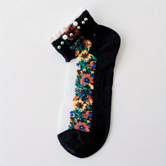 Faux Pearl Lace Trim Ankle Socks Soft Women's Stockings