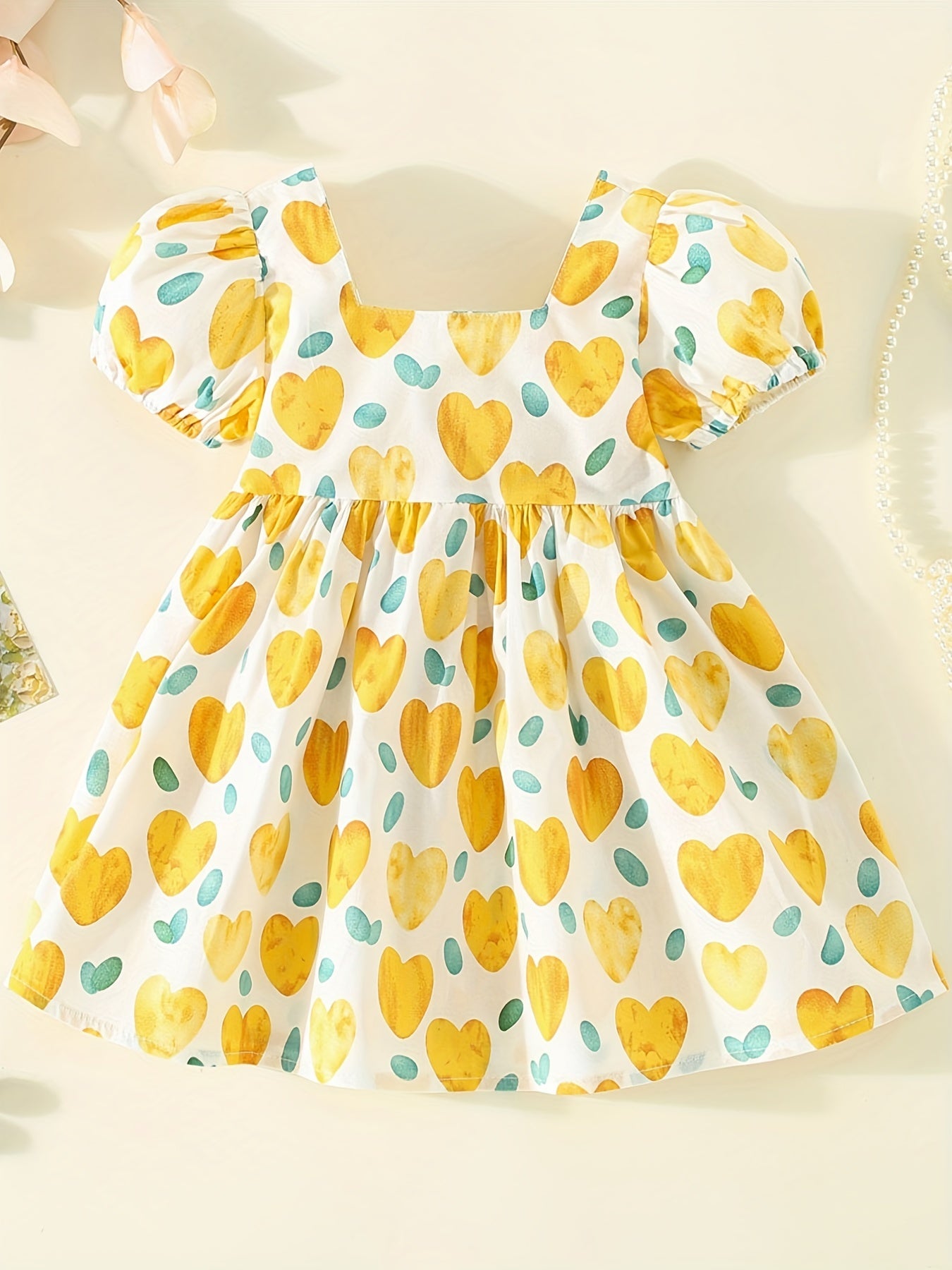 Girl's Heart Print Princess Dress with Puffy Sleeves & Big Bow
