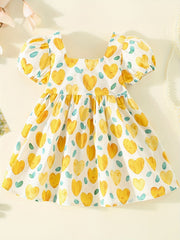 Girl's Heart Print Princess Dress with Puffy Sleeves & Big Bow