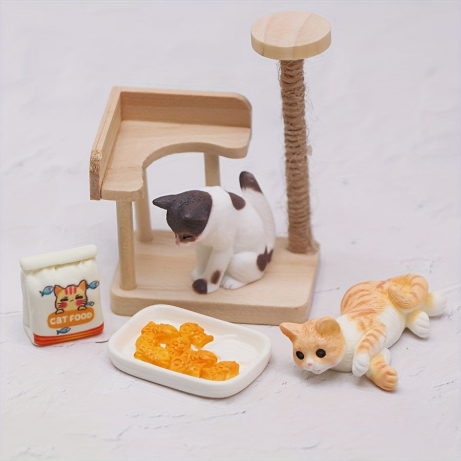 Wooden Cat Tree Dollhouse Accessory Set with Feeding Station & Decorative Items