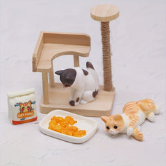 Wooden Cat Tree Dollhouse Accessory Set with Feeding Station & Decorative Items
