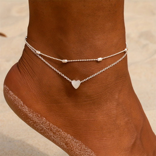 Double Layers Chain Anklet with Mini Love Heart Beads Adjustable Bracelet