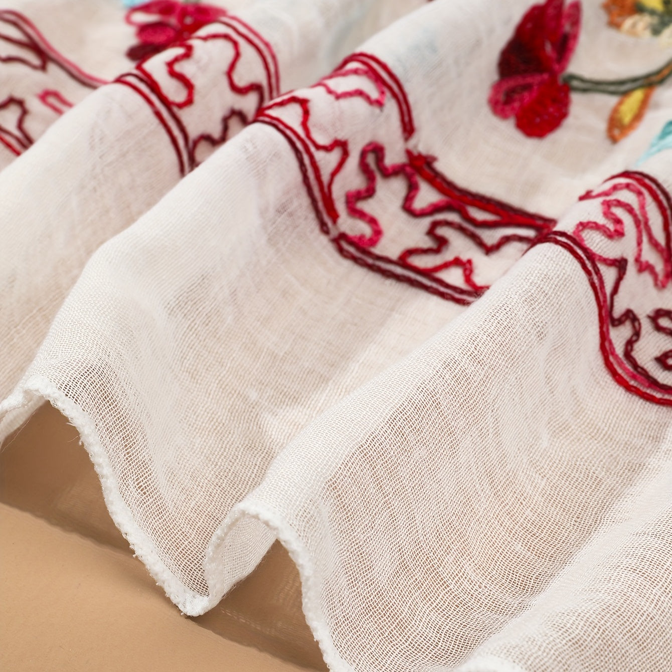 Red Flower Embroidery Scarf Hijab Shawl Head Wraps Bandana Women