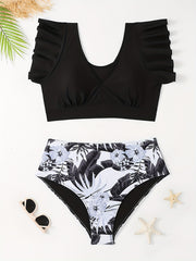  Vacay Tankini Set Women's Plus Solid Ruffle Sleeve V Neck Crop Top