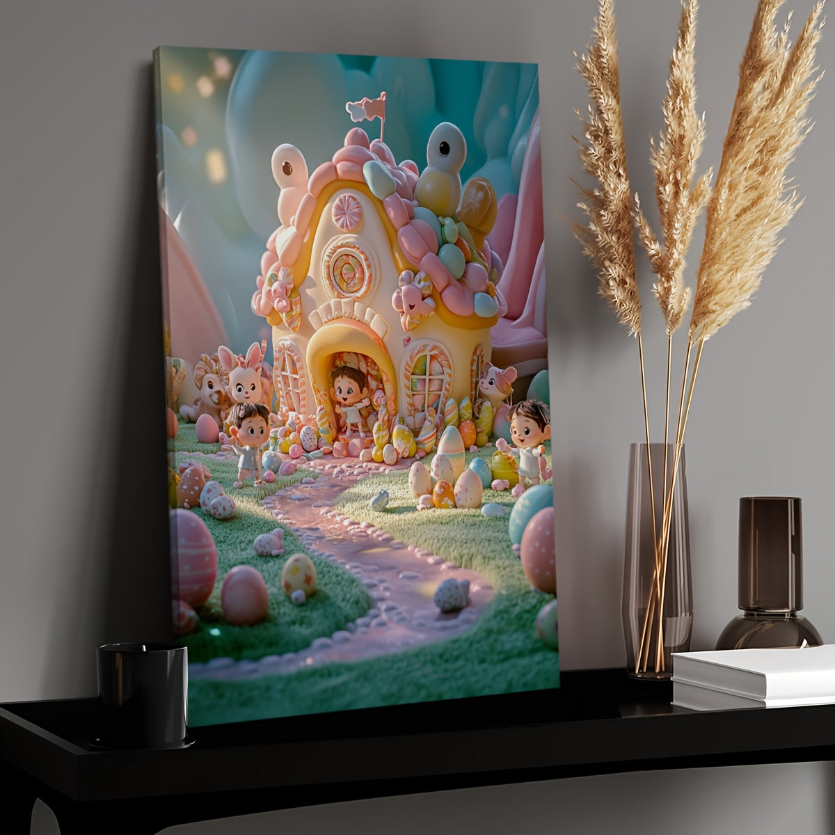 Enchanted Garden Canvas Art Wooden Frame Fairy Tale House Flowers Characters Bir