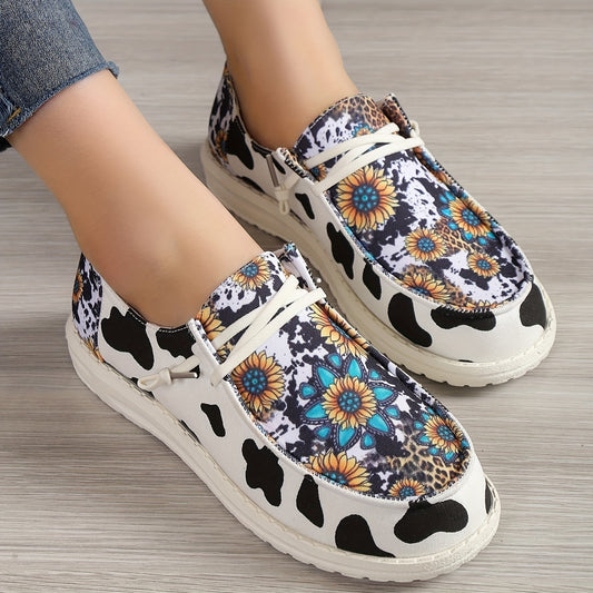 Women's Cow & Sunflower Print Canvas Lace Up Flat Outdoor Shoes