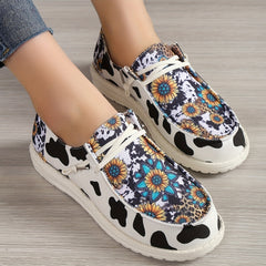 Women's Cow & Sunflower Print Canvas Lace Up Flat Outdoor Shoes