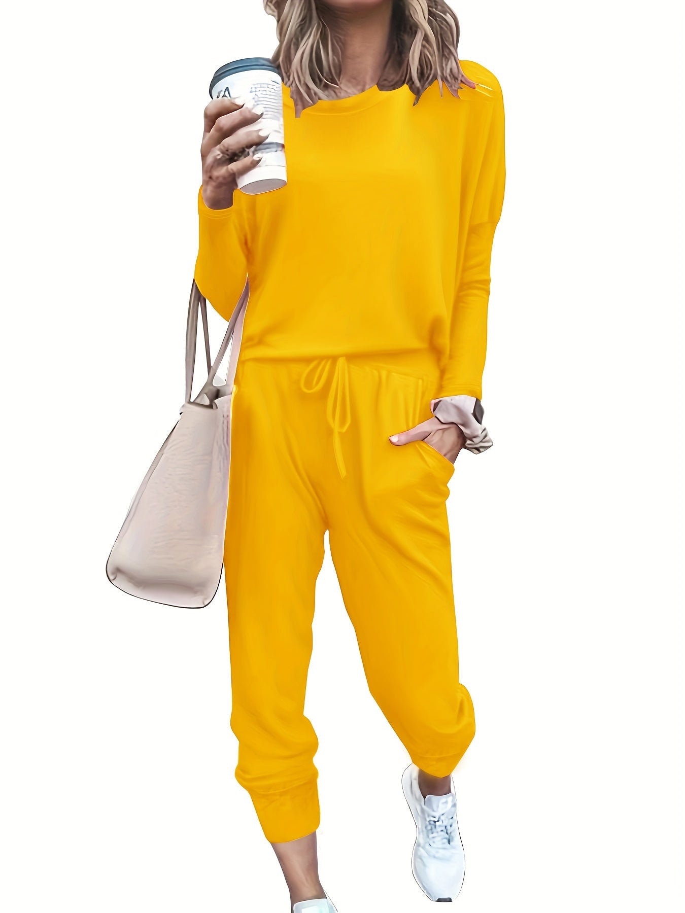  Women's Solid Long Sleeve Top & Drawstring Jogger Set