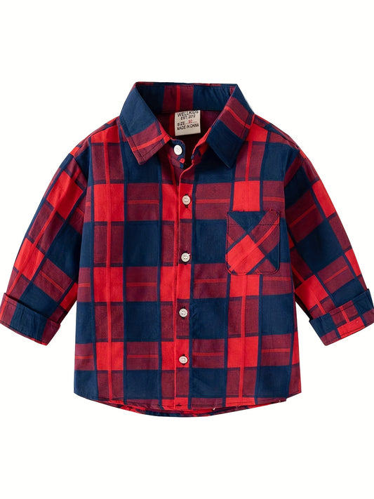 Boys Stylish Plaid Long Sleeve Shirt Casual Lapel Stretch Top