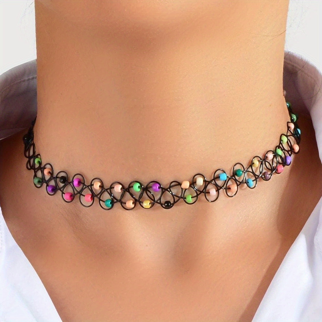 Colorful Rice Beads Elastic Necklace Choker Personality Neck Chain