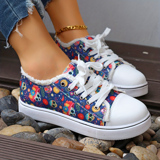 Women's Skull Pattern Canvas Flats Halloween Sneakers