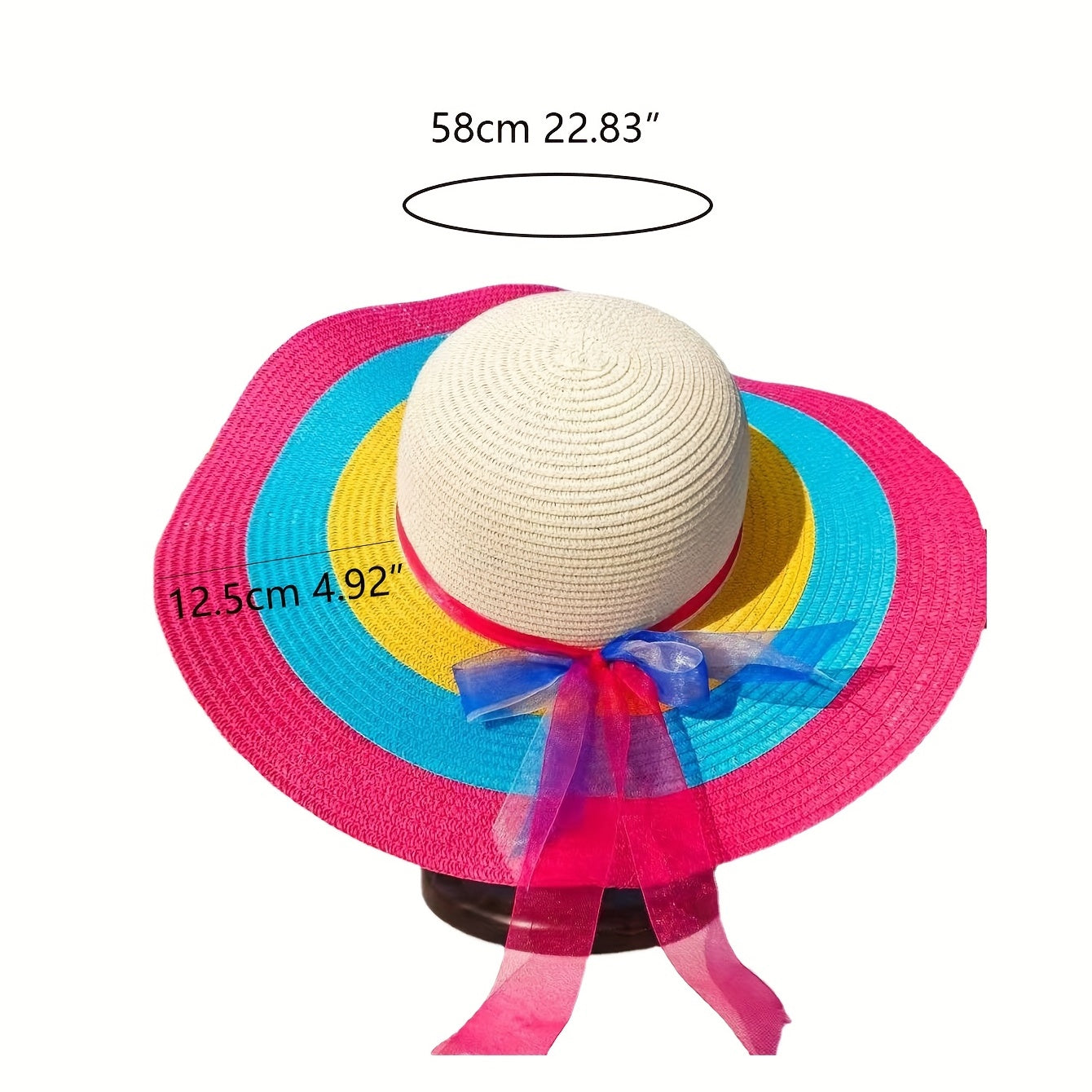 Rose Red Candy Striped Sun Hat Wide Brim Rainbow Ribbon Bowknot Decor