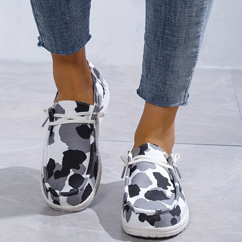Cow Printed Flat Loafers Round Toe Lace Up Walking Sneakers