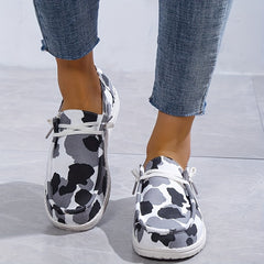 Cow Printed Flat Loafers Round Toe Lace Up Walking Sneakers