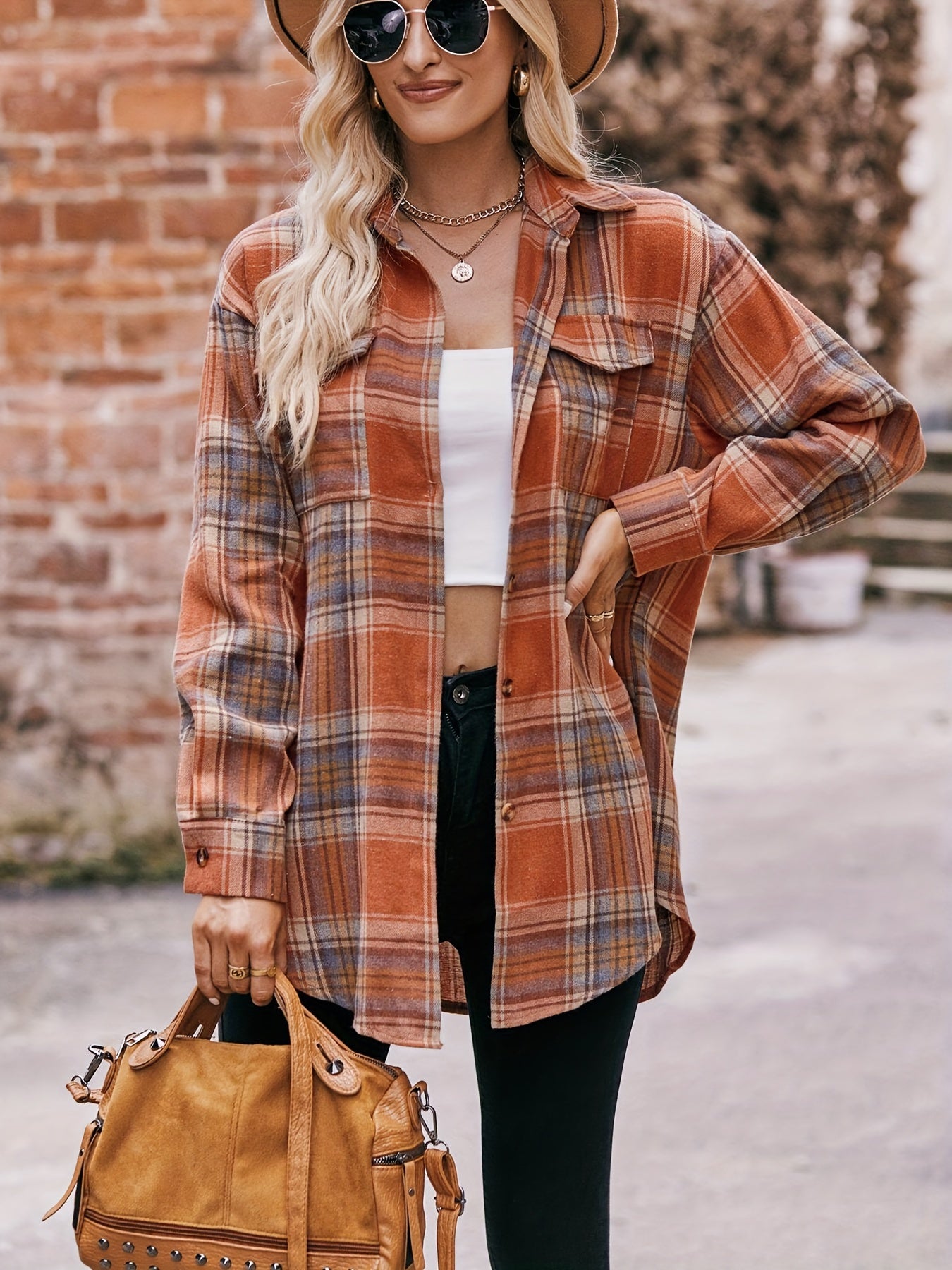  Plaid Print Long Sleeve Button Up Tunic Shirt