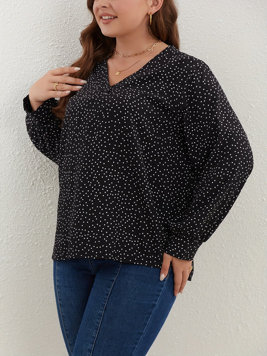  Dot Print Lantern Sleeve V Neck Top