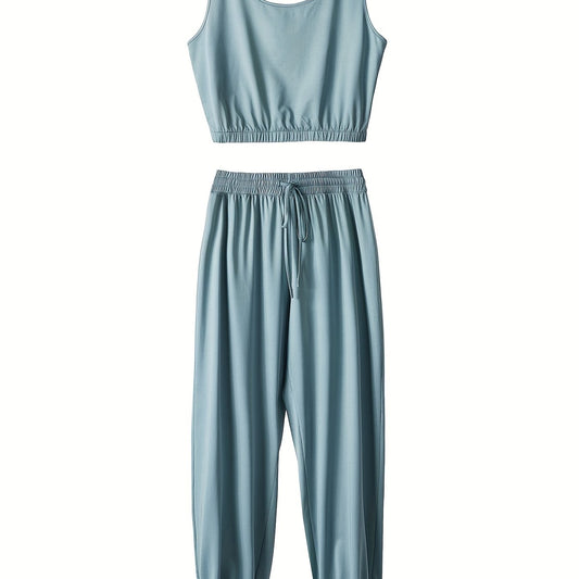  Solid Crop Tank Top & Tie Front Joggers Set