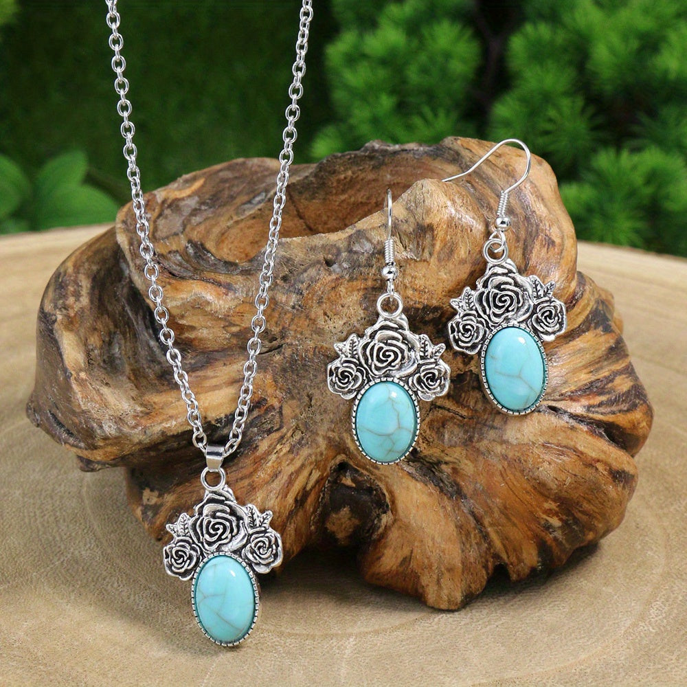 Vintage Silver Turquoise Earrings Necklace Set