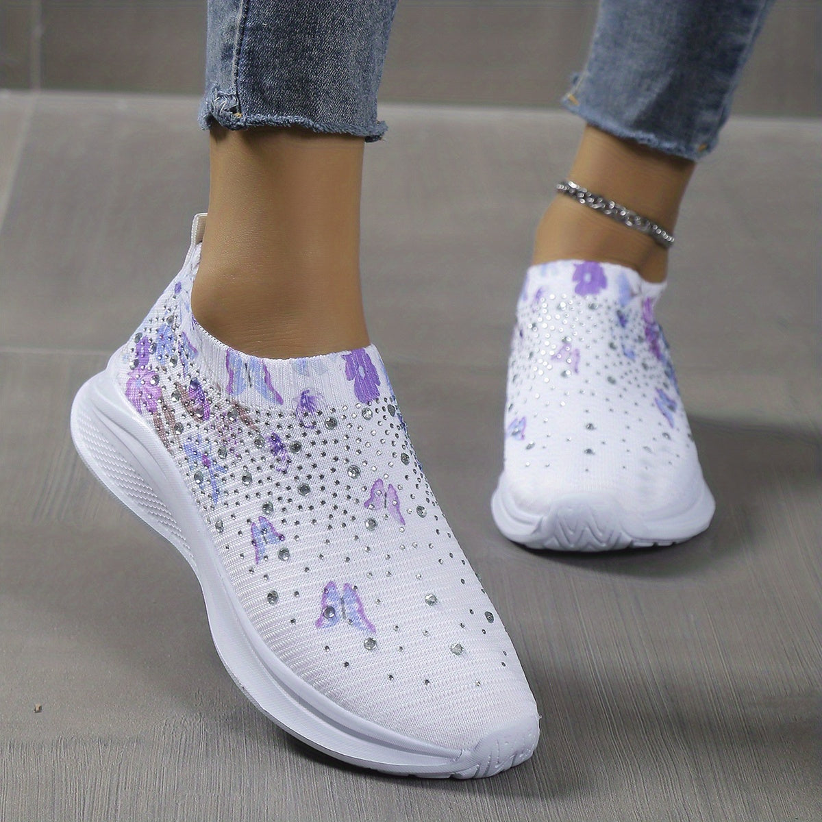 Women's Rhinestone Knit Sneakers Butterfly Pattern Slip On Shoes