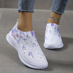 Women's Rhinestone Knit Sneakers Butterfly Pattern Slip On Shoes