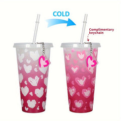 Love Heart Pattern Changing Cup With Straw And Lid 710ml