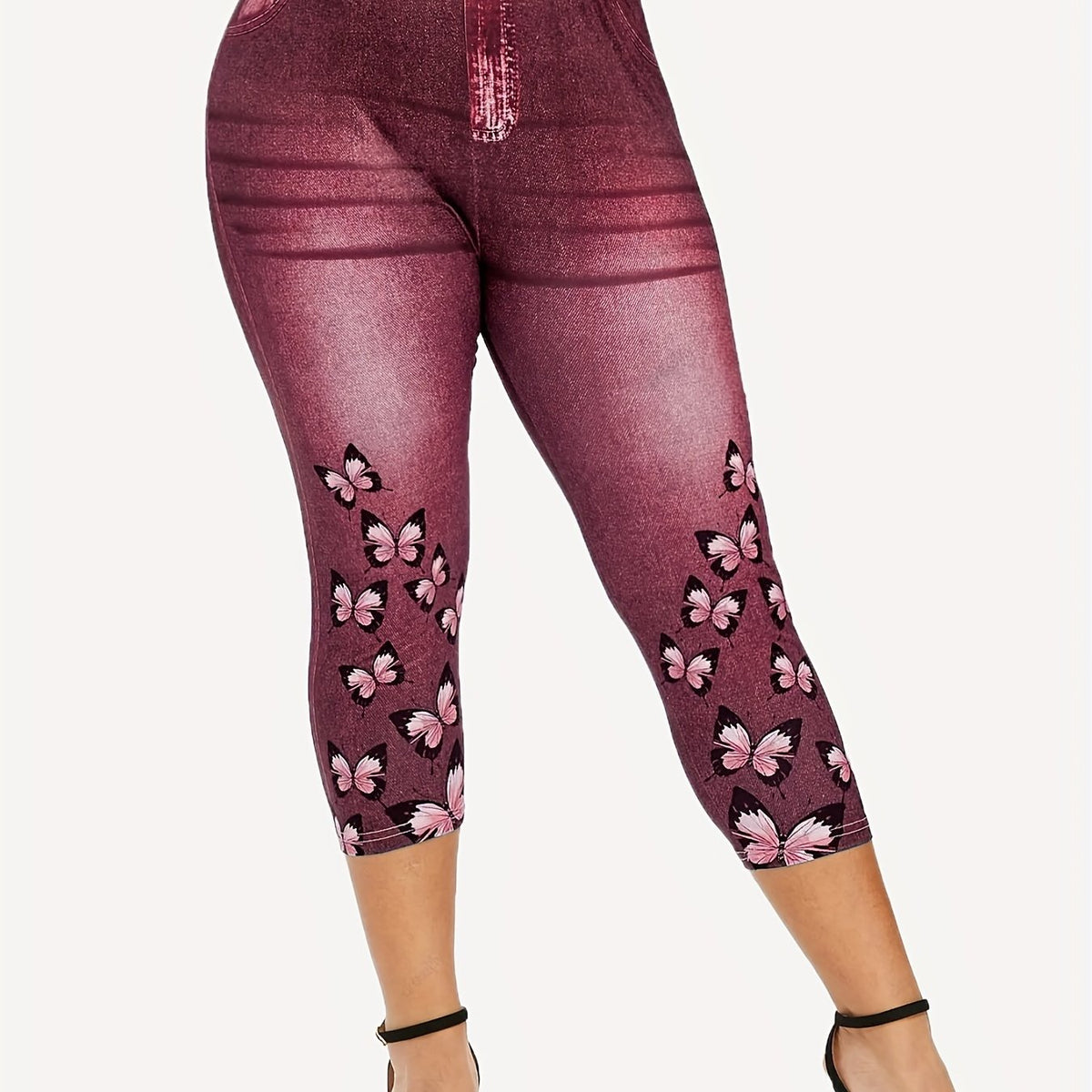 Butterfly & Denim Print Leggings Sexy Butt Lifting High Waist