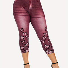 Butterfly & Denim Print Leggings Sexy Butt Lifting High Waist