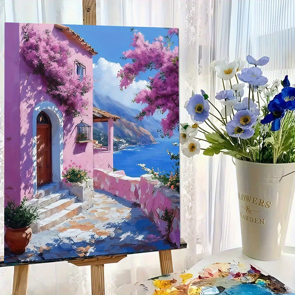 Coastal Loft 40 64x50 Frameless Acrylic Painting Kit Pink House Sea View