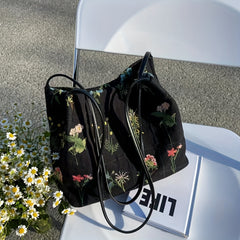 Floral Embroidery Shoulder Bag Canvas Bucket Bag Handbag