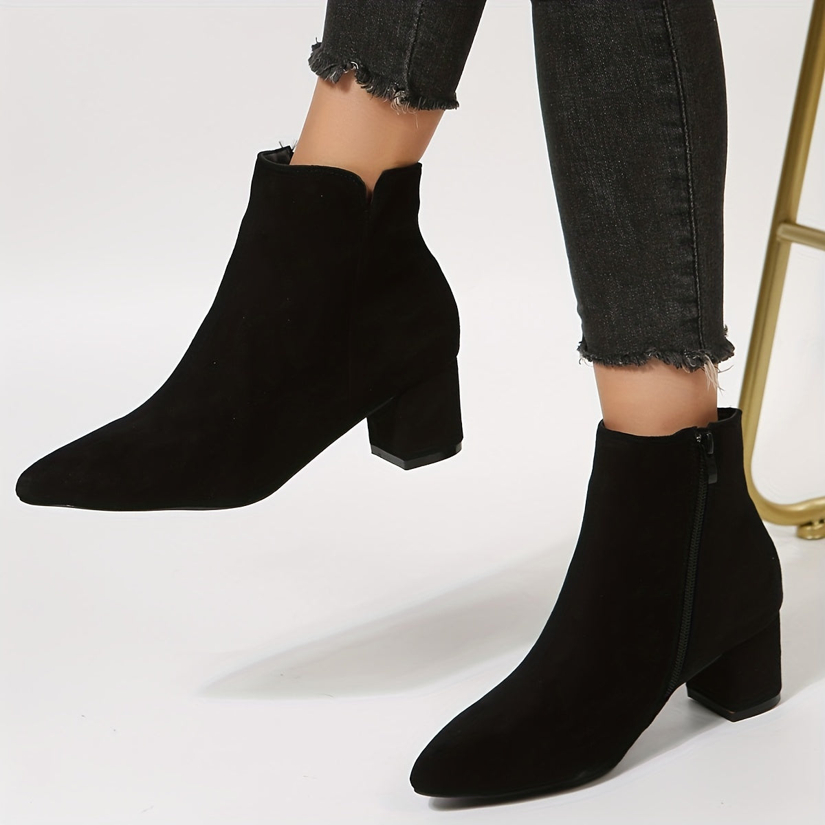 Solid Chunky Heel Short Boots Point Toe Side Zipper Dress Ankle Boots