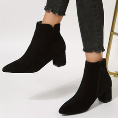 Solid Chunky Heel Short Boots Point Toe Side Zipper Dress Ankle Boots