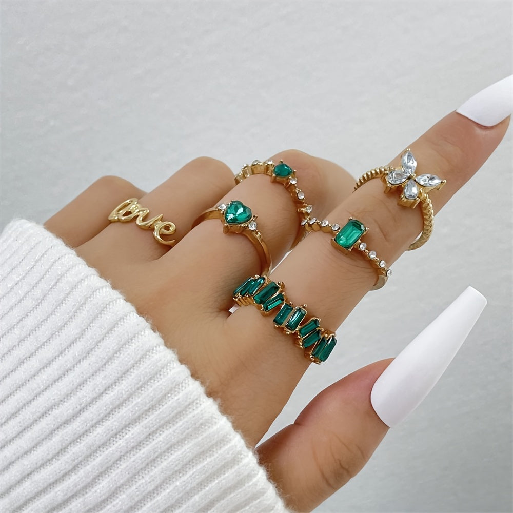 Green Vintage Emerald Heart LOVE Alphabet Butterfly Geometric Ring Set