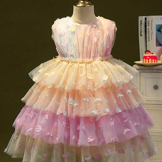 Princess Dress for Kid Girls with Ombre Moon & Stars Appliques