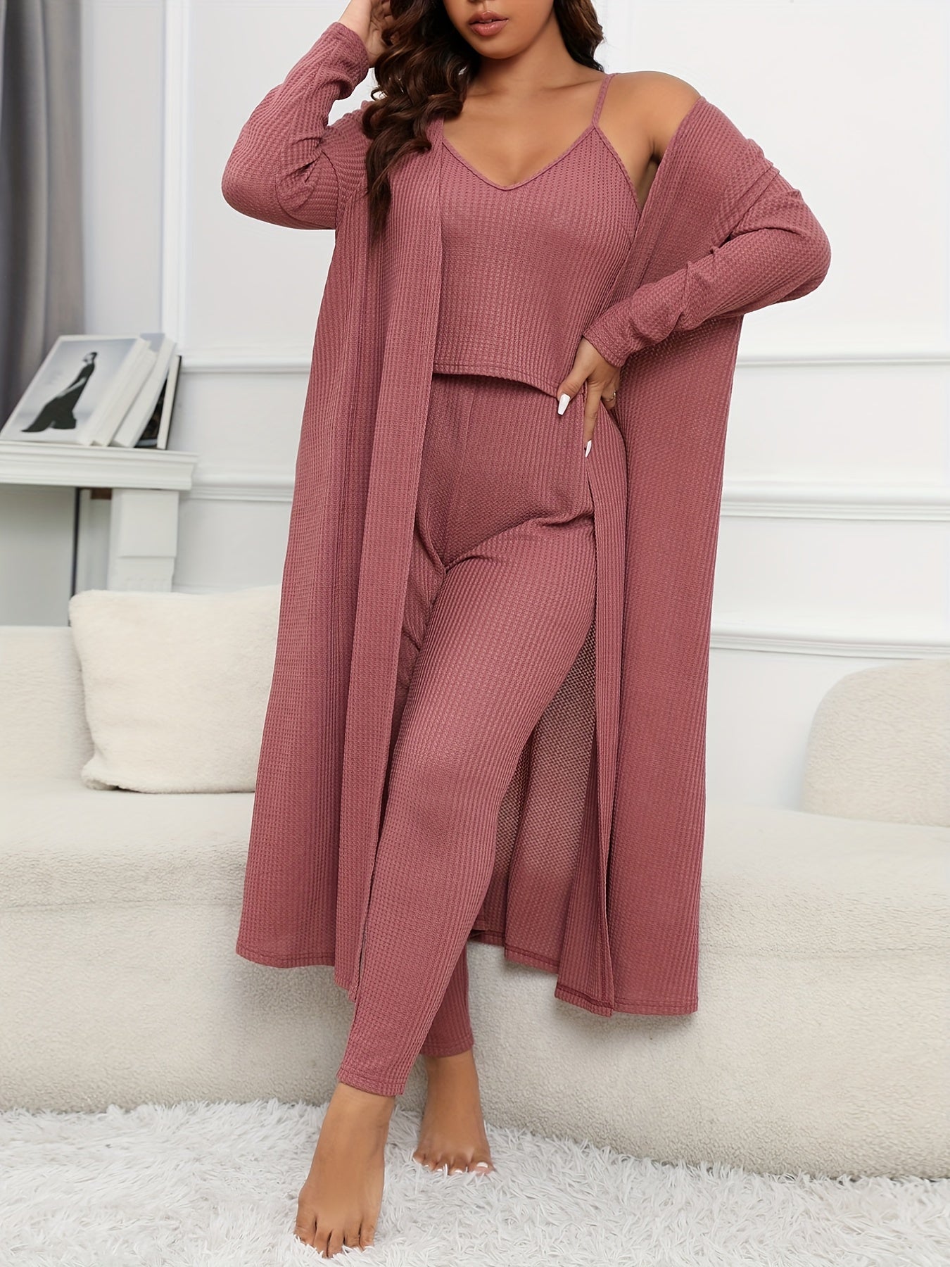  Waffle V Neck Cami Top, Skinny Pants & Cardi Set