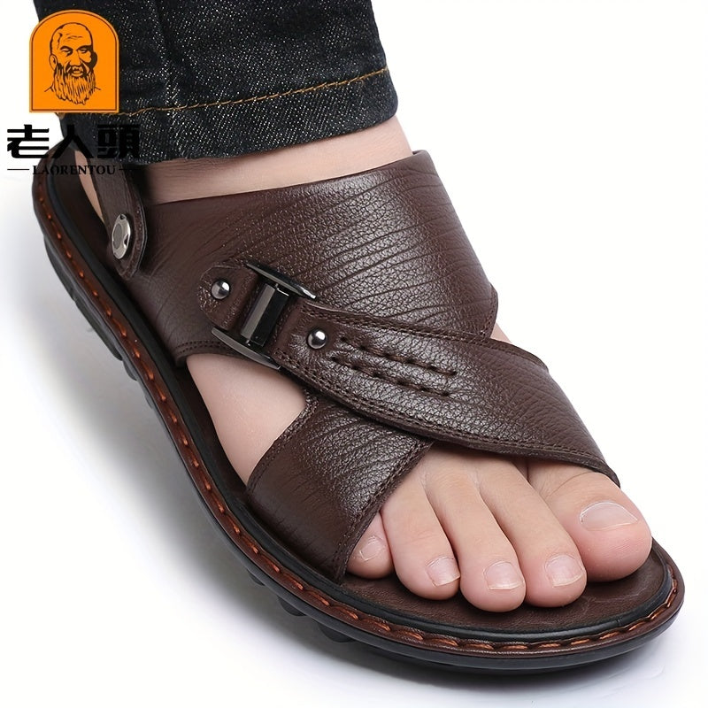 LAORENTOU Men's Leather Non Slip Sandals Comfy Beach Shoes Summer