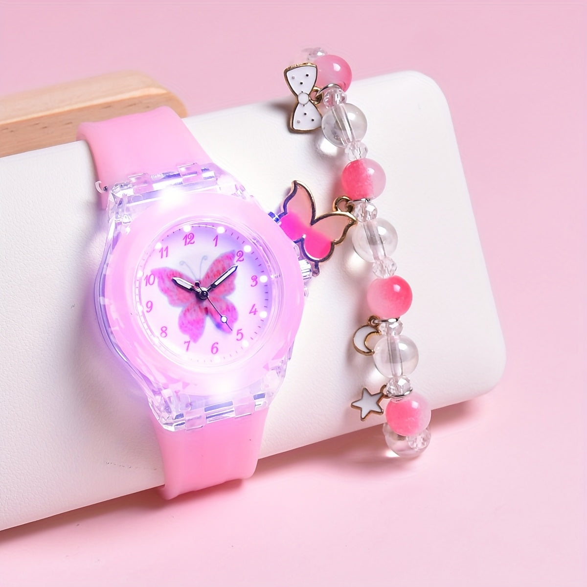 Girls' Butterfly LED Light Watch with Beaded Bracelet Set