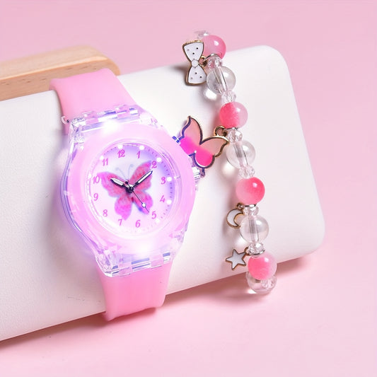 Girls' Butterfly LED Light Watch with Beaded Bracelet Set