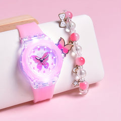 Girls' Butterfly LED Light Watch with Beaded Bracelet Set