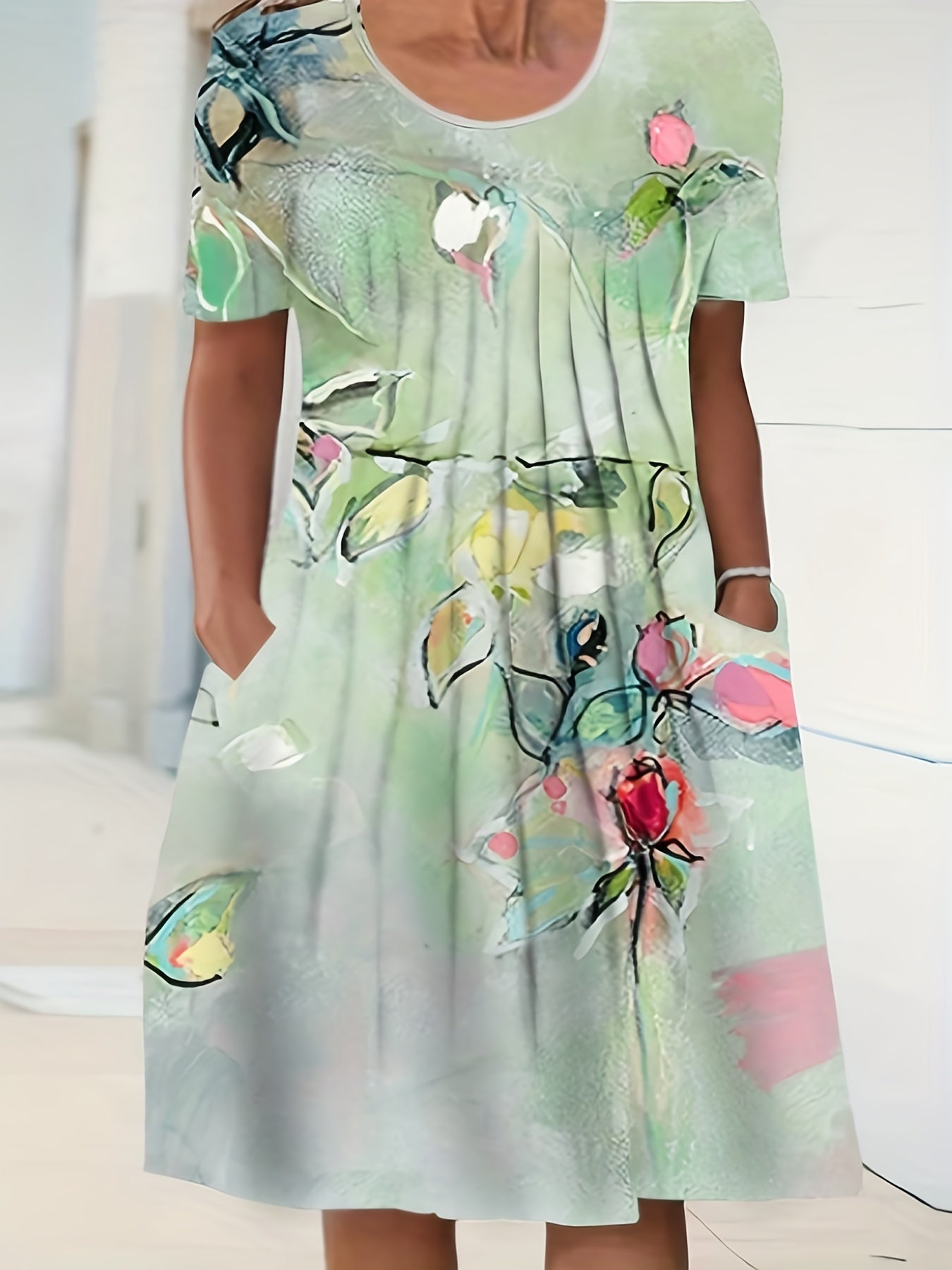 Floral Print Short Sleeve Dress With Pockets