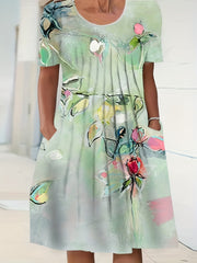 Floral Print Short Sleeve Dress With Pockets