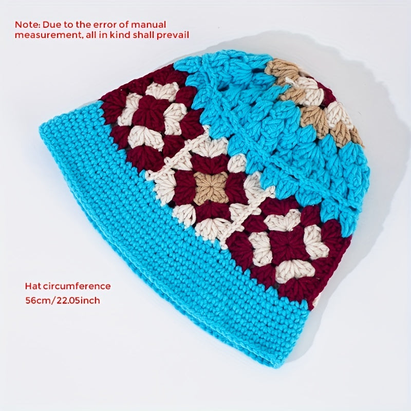 Flower Crochet Bucket Hat Knitted Hollow Cloche Hat Bright Block