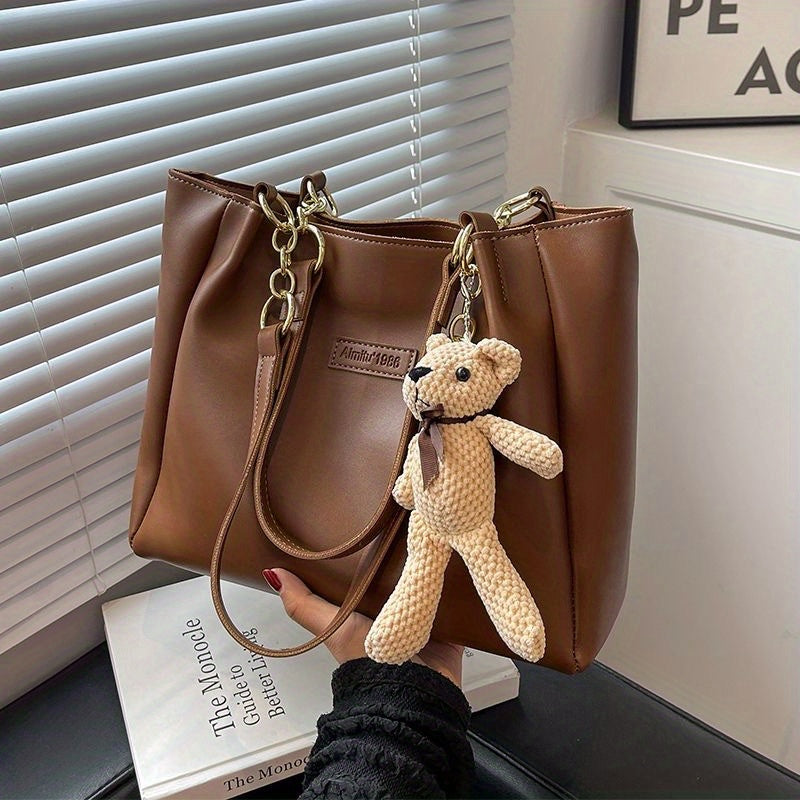 Women's PU Leather Tote Shoulder Bag with Bear Pendant