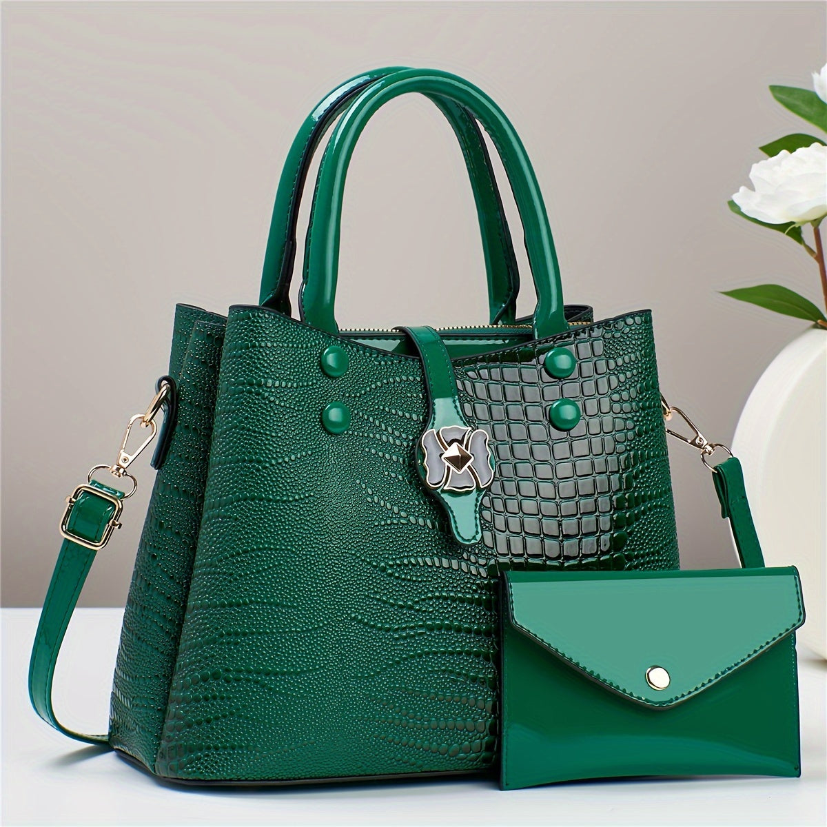 Crocodile Pattern Handbag Set: Tote Bag & Clutch Purse