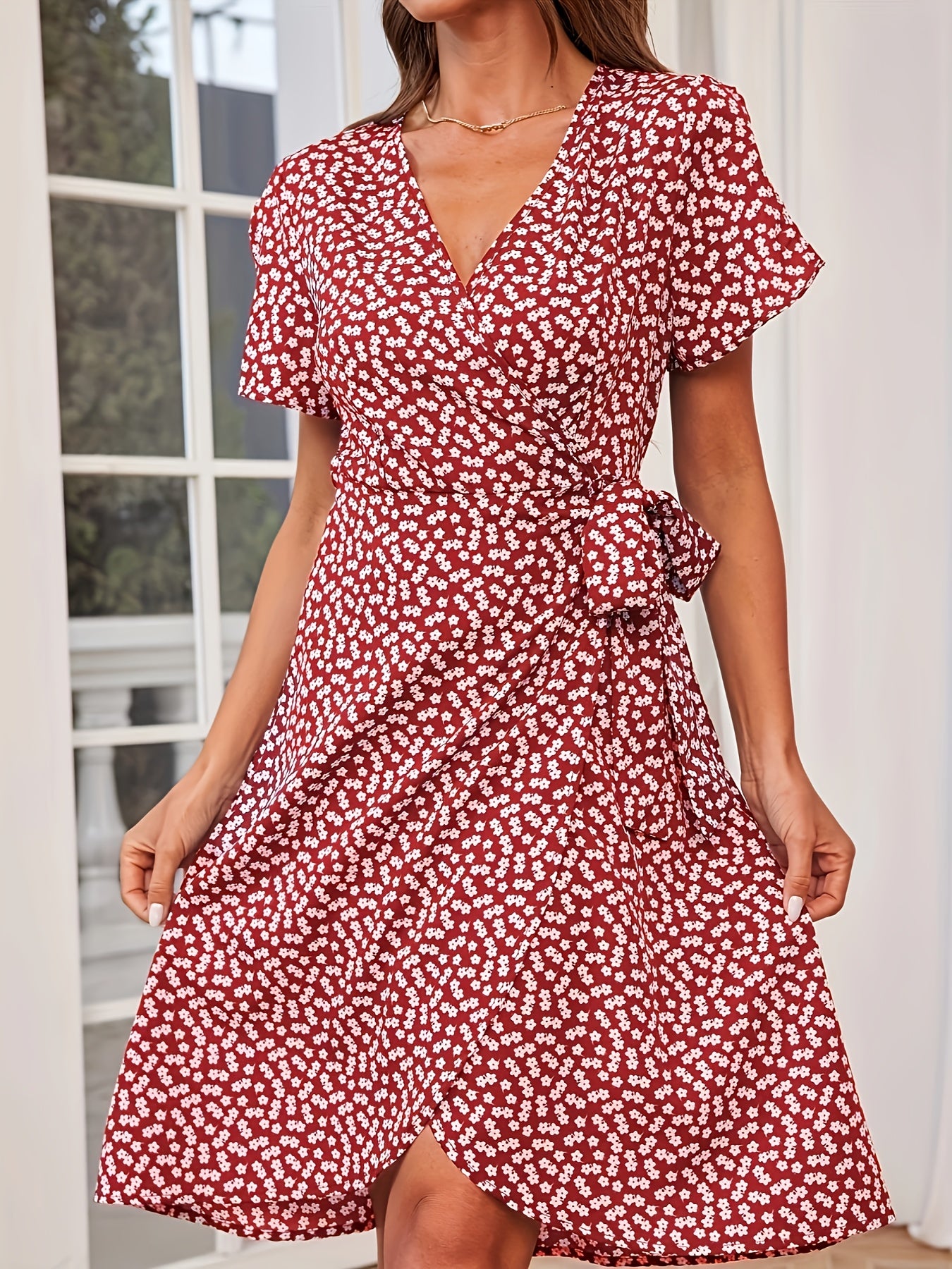 Floral Print Vacation Dress V Neck Short Sleeve Knot Summer Dress