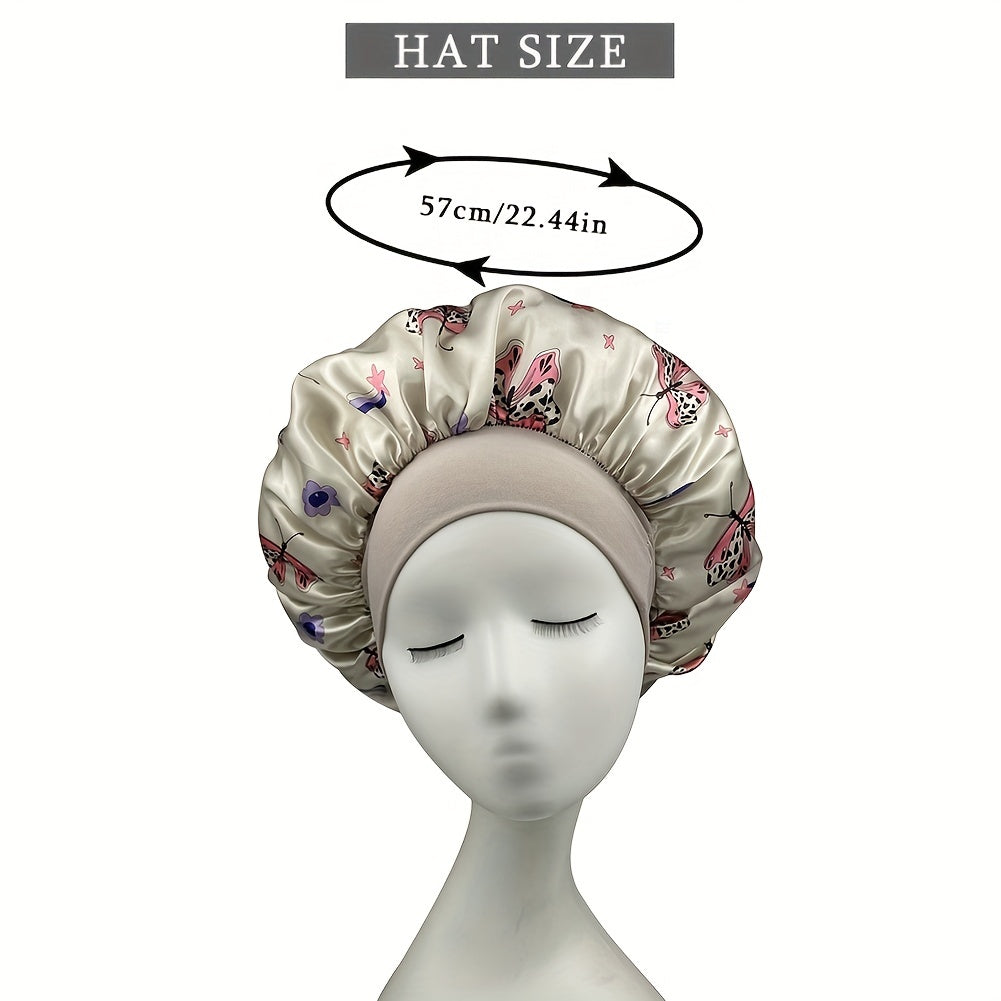 Gray Butterfly Print Bonnet Shower Cap Satin Head Wrap
