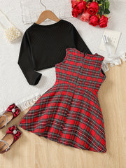 2pcs Girls Plaid Tunic Dress Bow Shawl Cover Up Tops