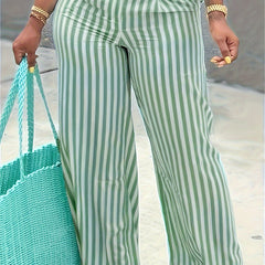  Stripe Print High Waist Wide Leg Pants